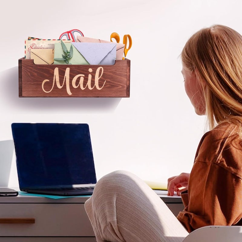 BOTOP Wooden Mail Organizer Mail Holder Countertop, Farmhouse Brown Mail Tray Mail Storage Box for Wall, Rustic Mail Basket Letter Holder for Office Desk - Image 4